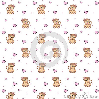 baby seamless pattern with cute monkeys and hearts Stock Photo